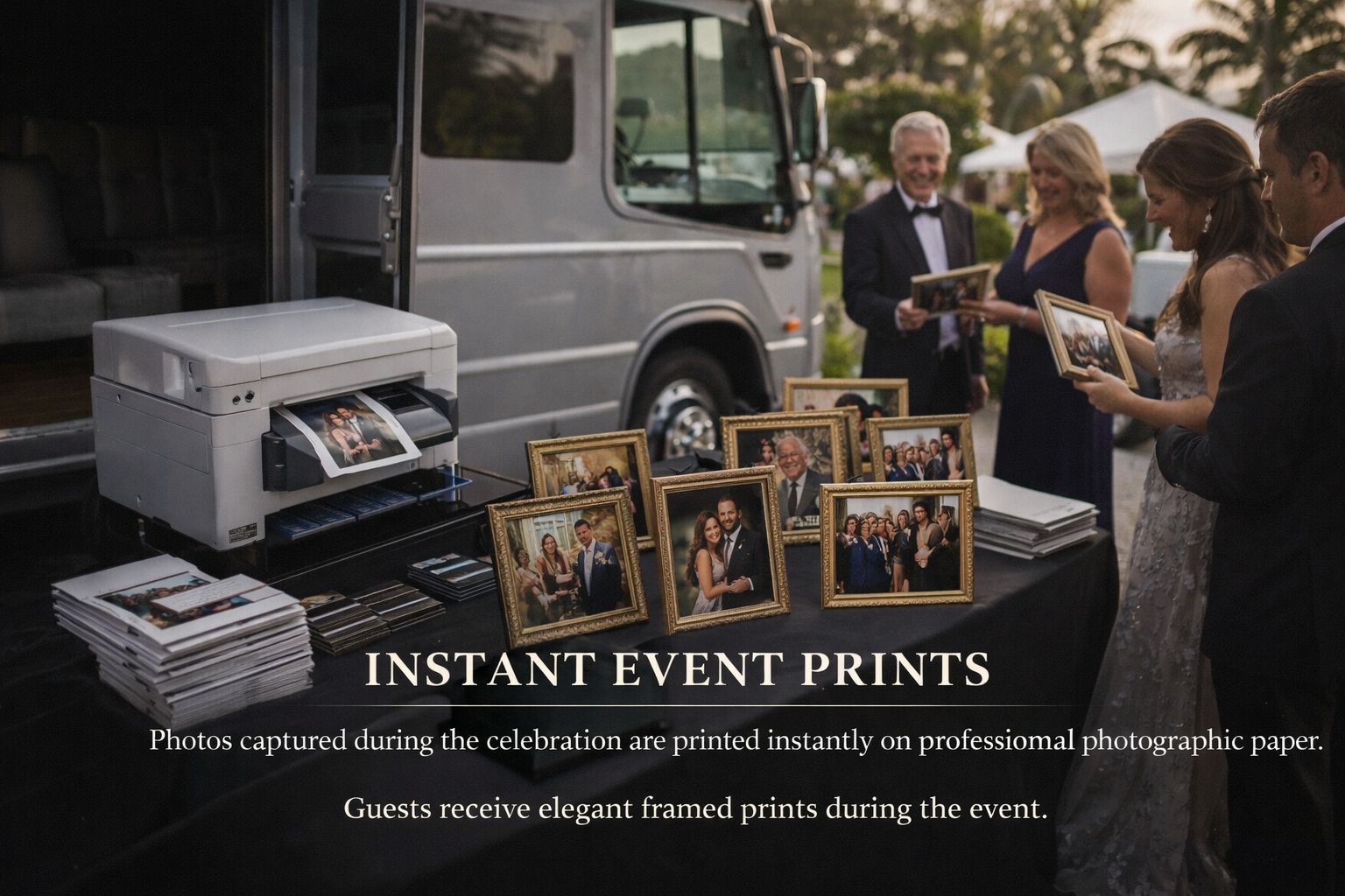 Outdoor print station with framed photos for guests