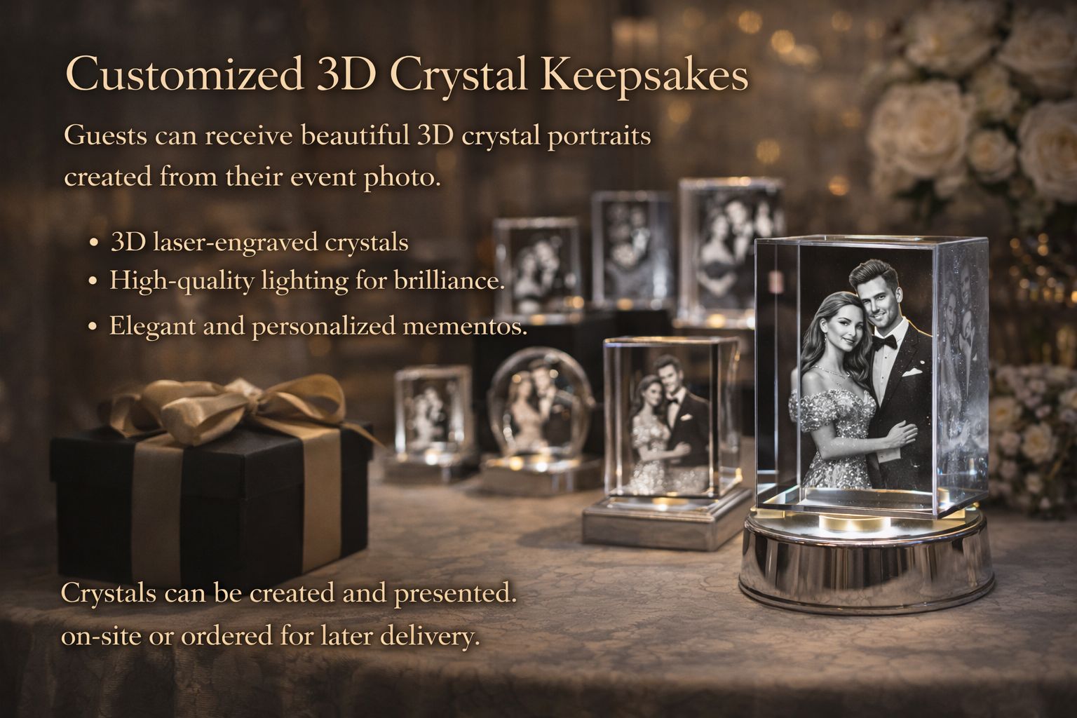 Illuminated crystal blocks with engraved portraits