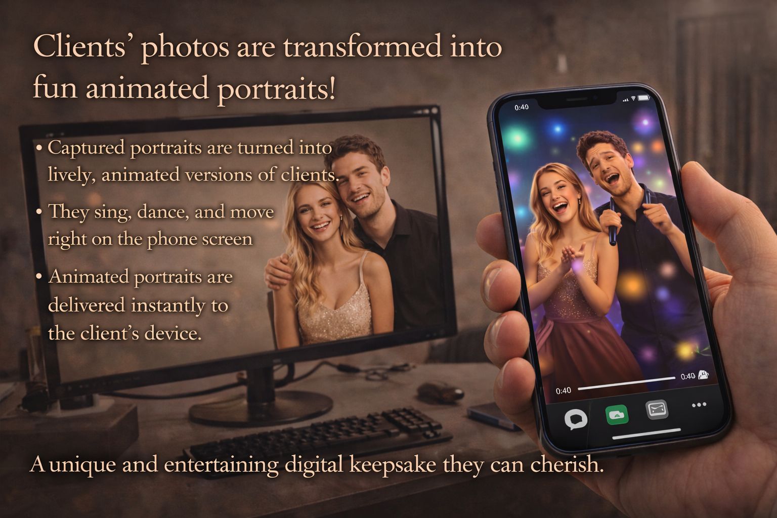 Fun animated portrait of couple on phone screen