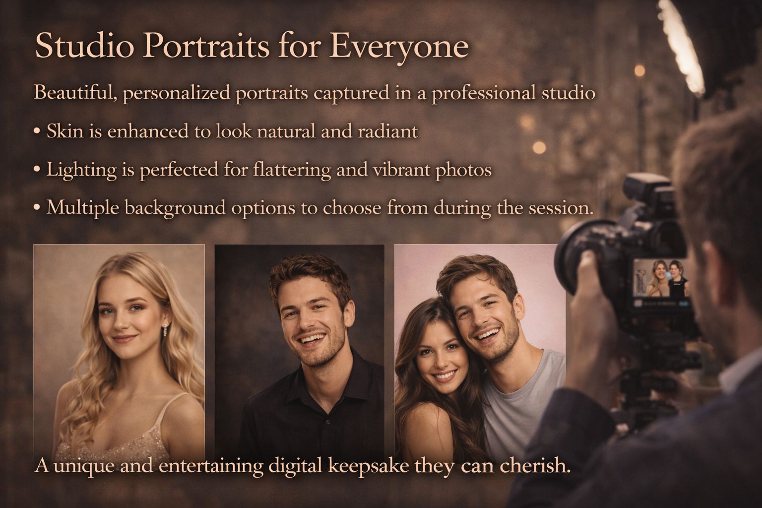 On-site studio portraits for individuals and groups