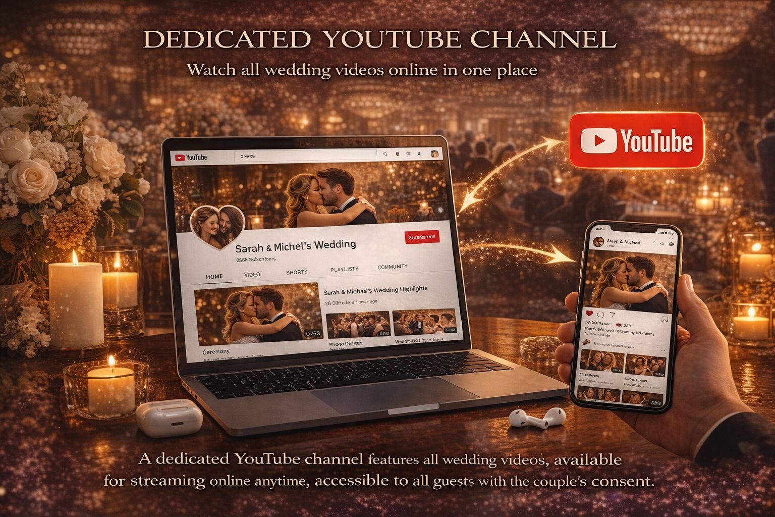 Dedicated YouTube wedding channel on laptop and phone