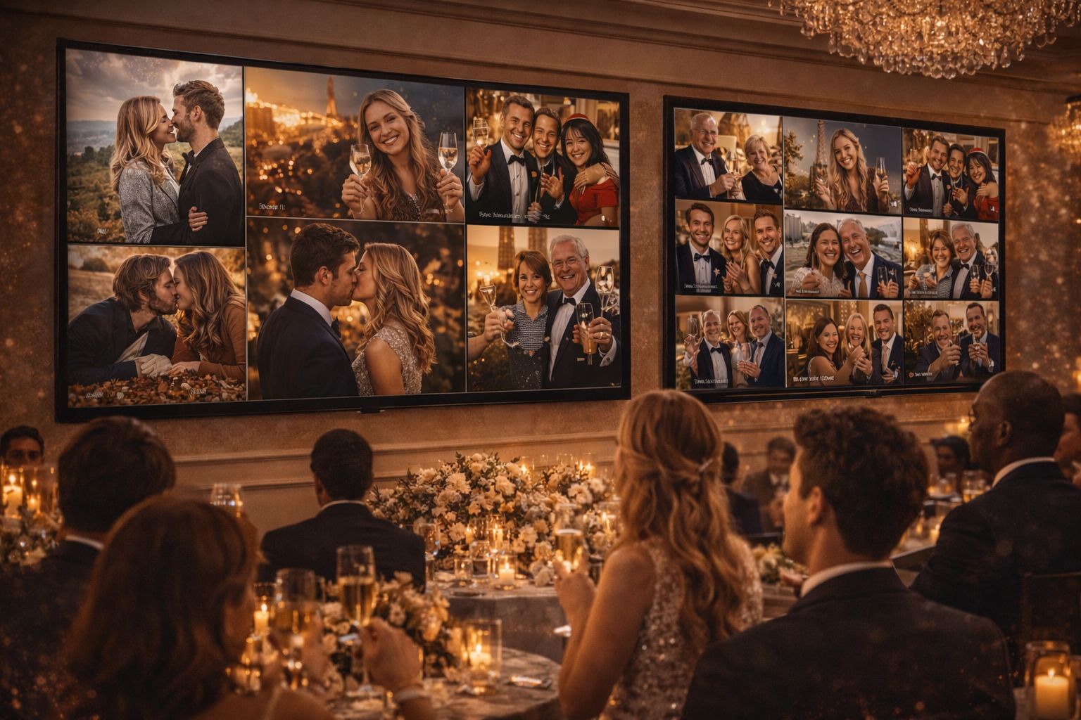 Large screens in ballroom displaying live guest portraits