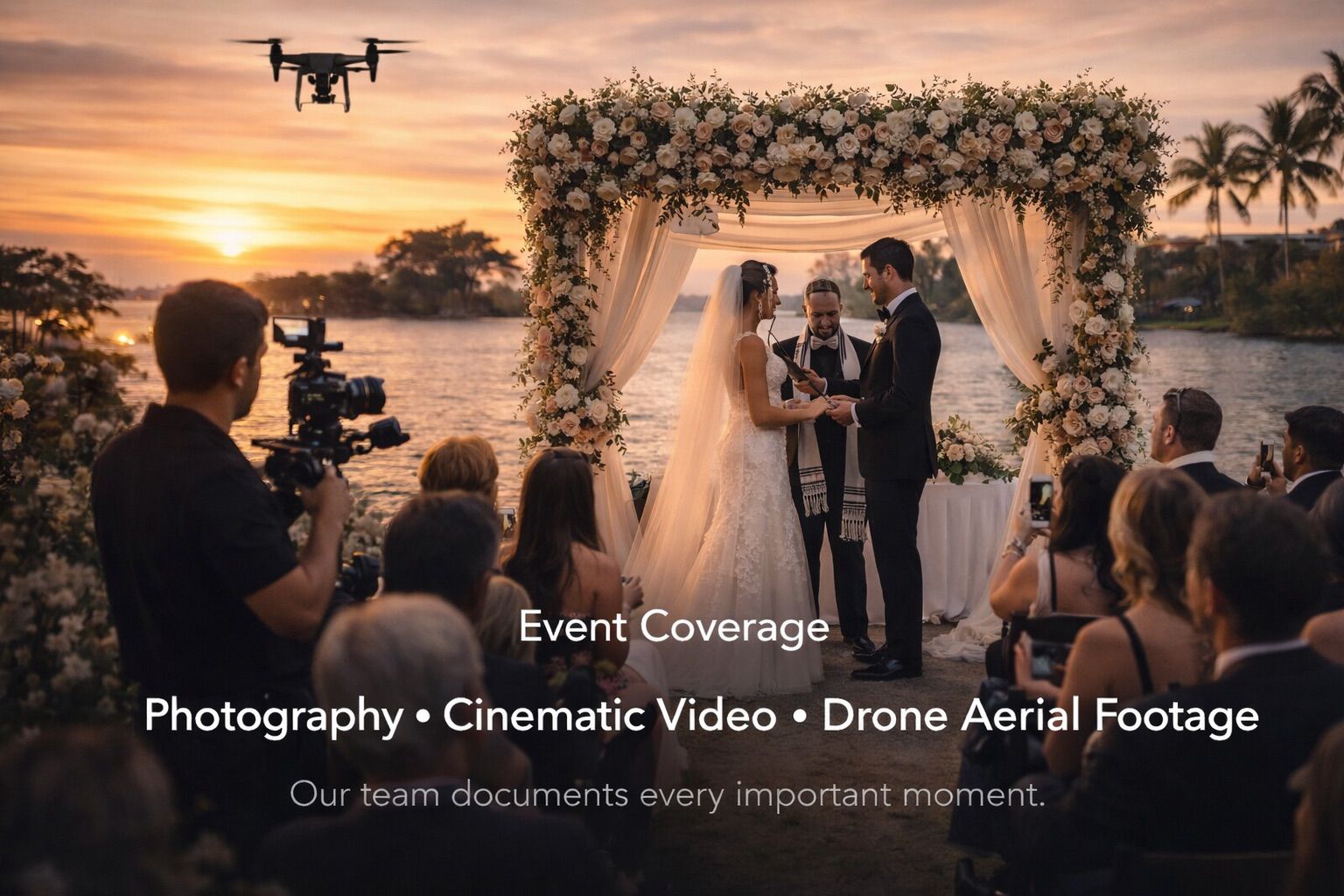 Waterfront ceremony with drone and cinematographer at sunset