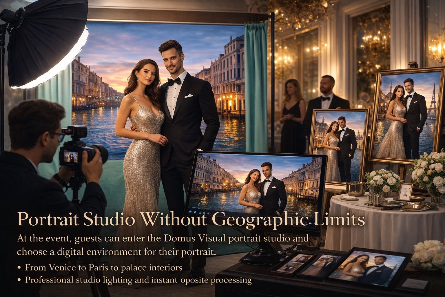 Studio with Venice and Paris digital backdrops
