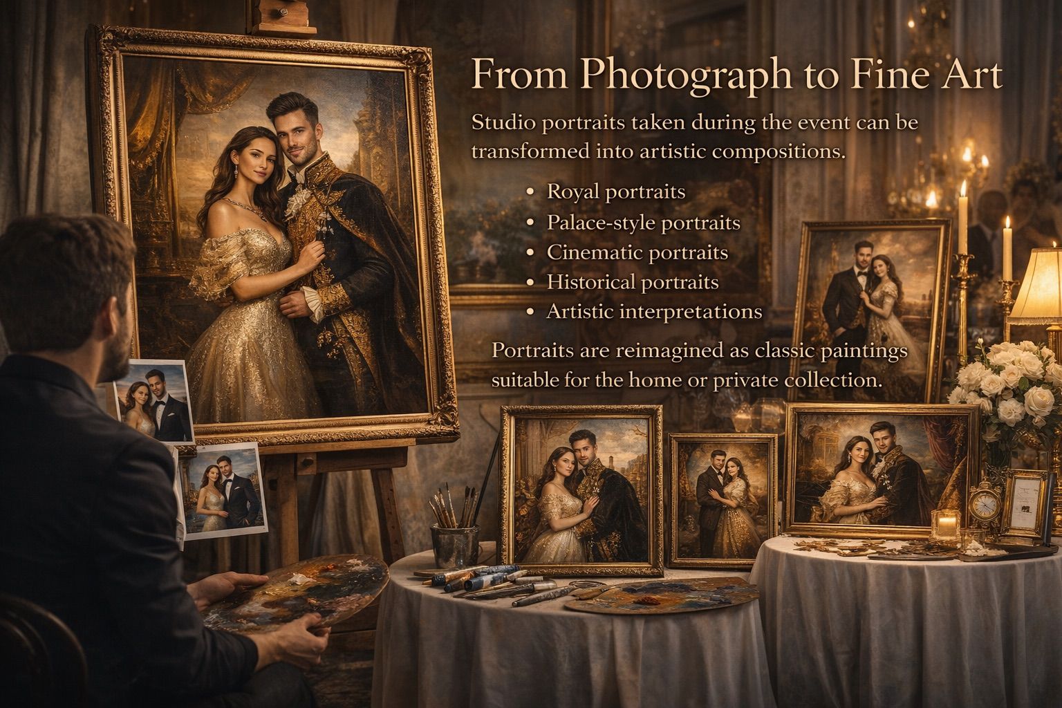 Artist transforming portraits into classical oil paintings