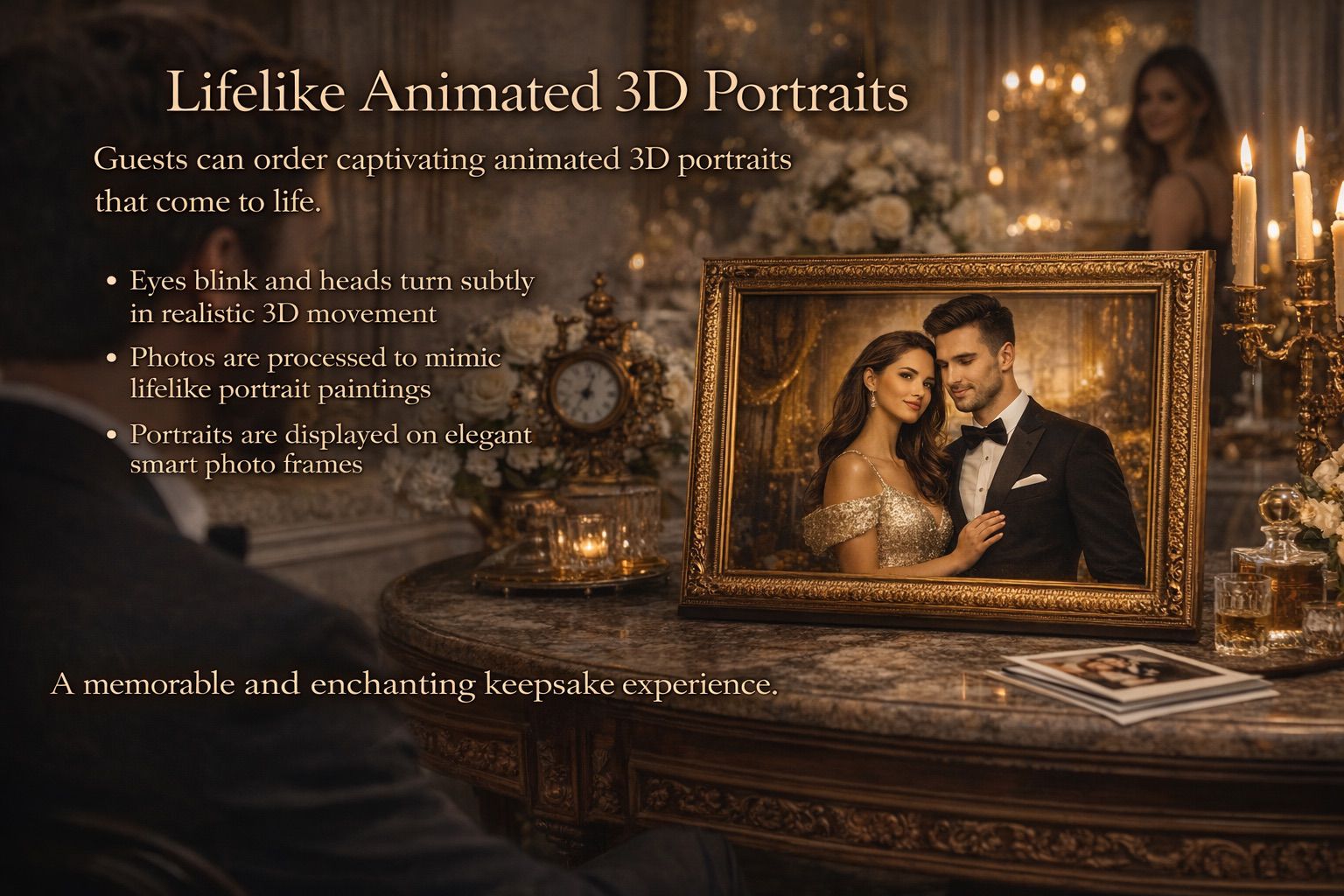 Golden framed animated 3D portrait on marble table
